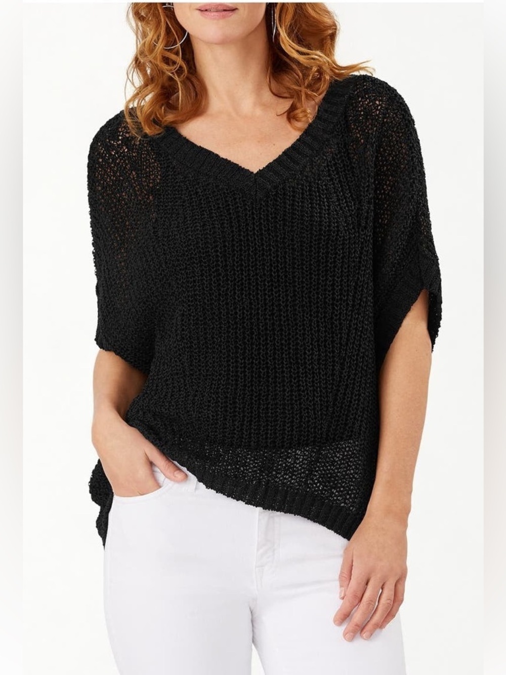 Tommy Bahama Marlina Tape Yarn V Neck Sweater Black Open Knit Oversized Size SP